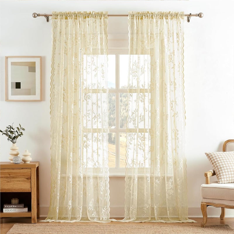 SEEKRIGHT Beige Lace Curtains 80 Inches Long Victorian Floral Lace Curtains for Living Room Bedroom Decor Rod Pocket Light Filtering French Window Curtain 2 Panels Set for Dining Room, 52x80 - Image 2